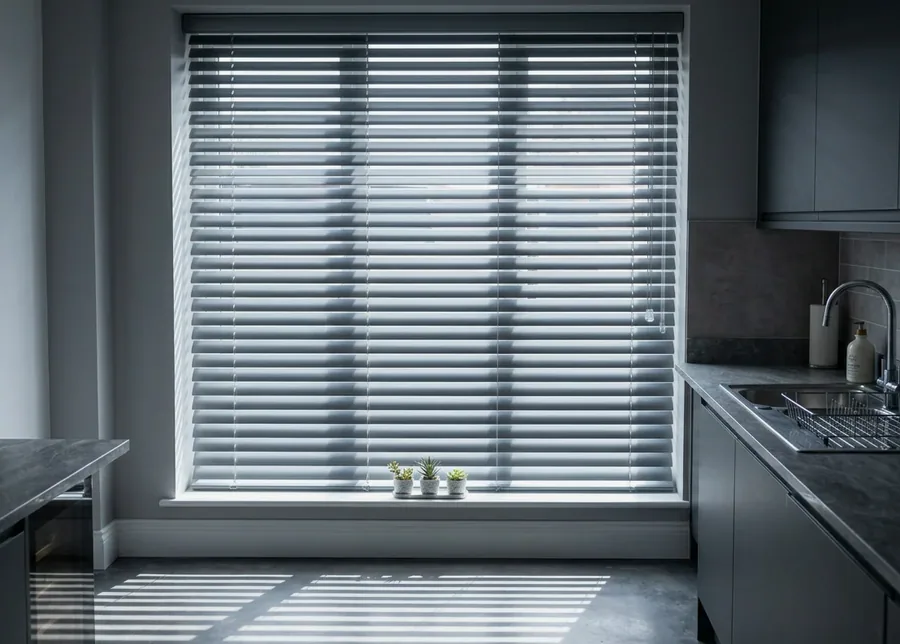 Aluminium venetian blind with tilted horizontal slats over a kitchen window