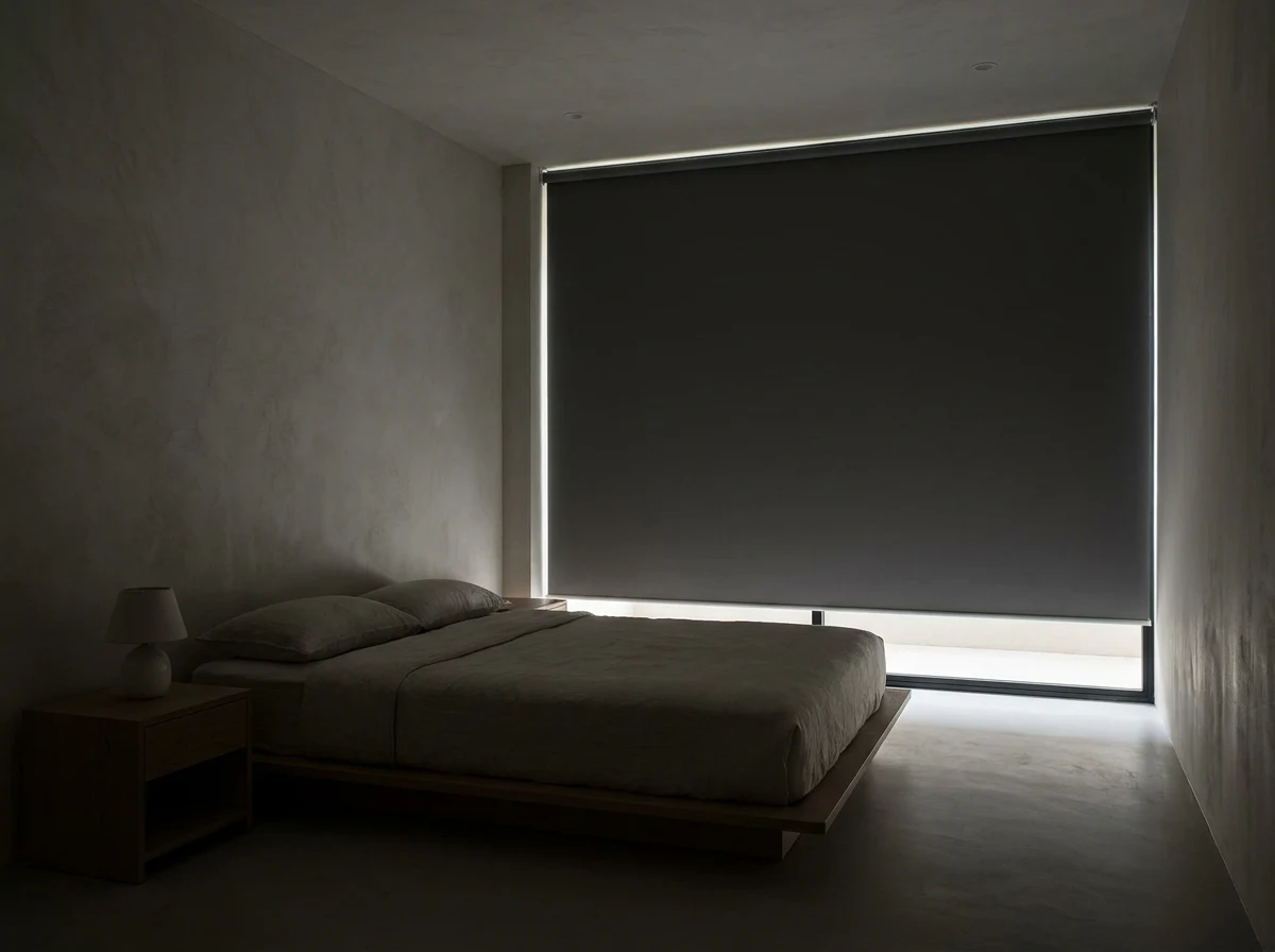 Blockout roller blind fully lowered over a large bedroom window, the room darkened with only a sliver of light at the edges