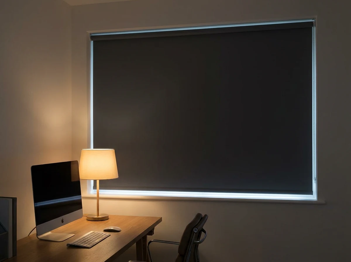 Blockout roller blind fully lowered over a home office window, blocking outside light for a dim, focused workspace