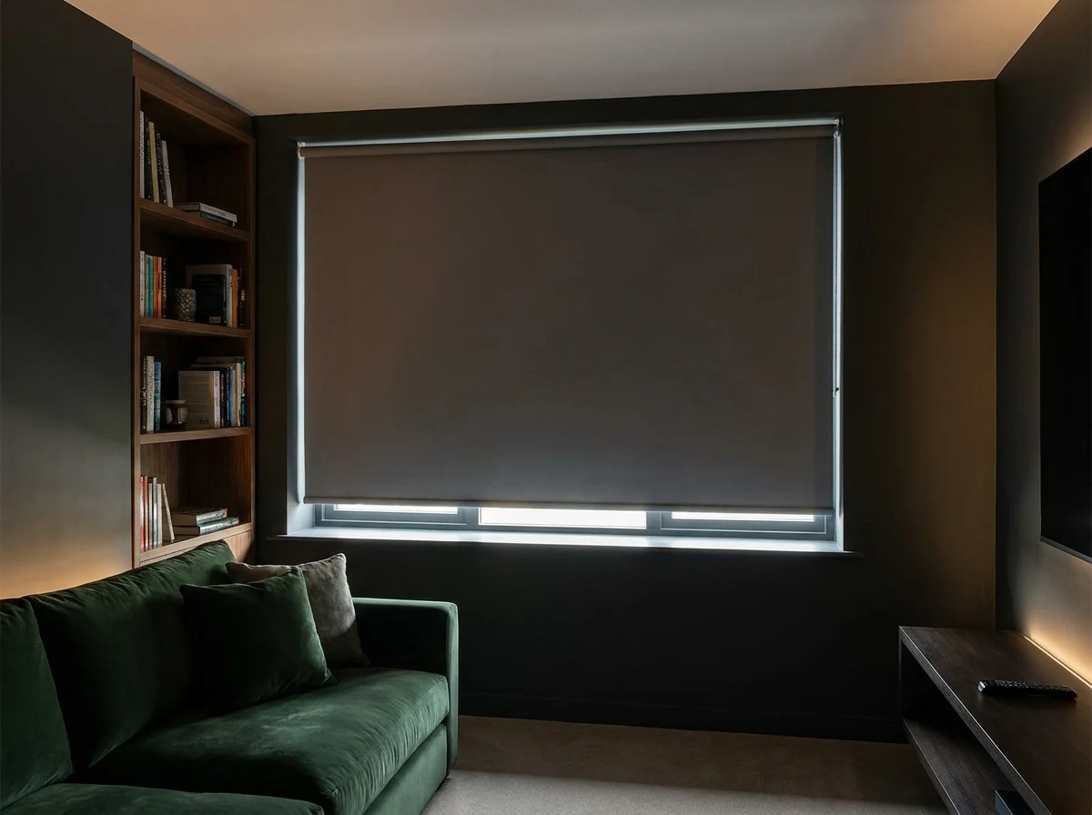 Blockout roller blind fully lowered over a media room window, dim light seeping around the edges
