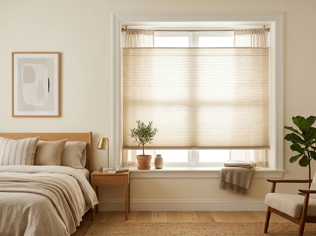Cellular honeycomb blind fully lowered over a bright bedroom window, soft insulated fabric filtering daylight into a gentle glow