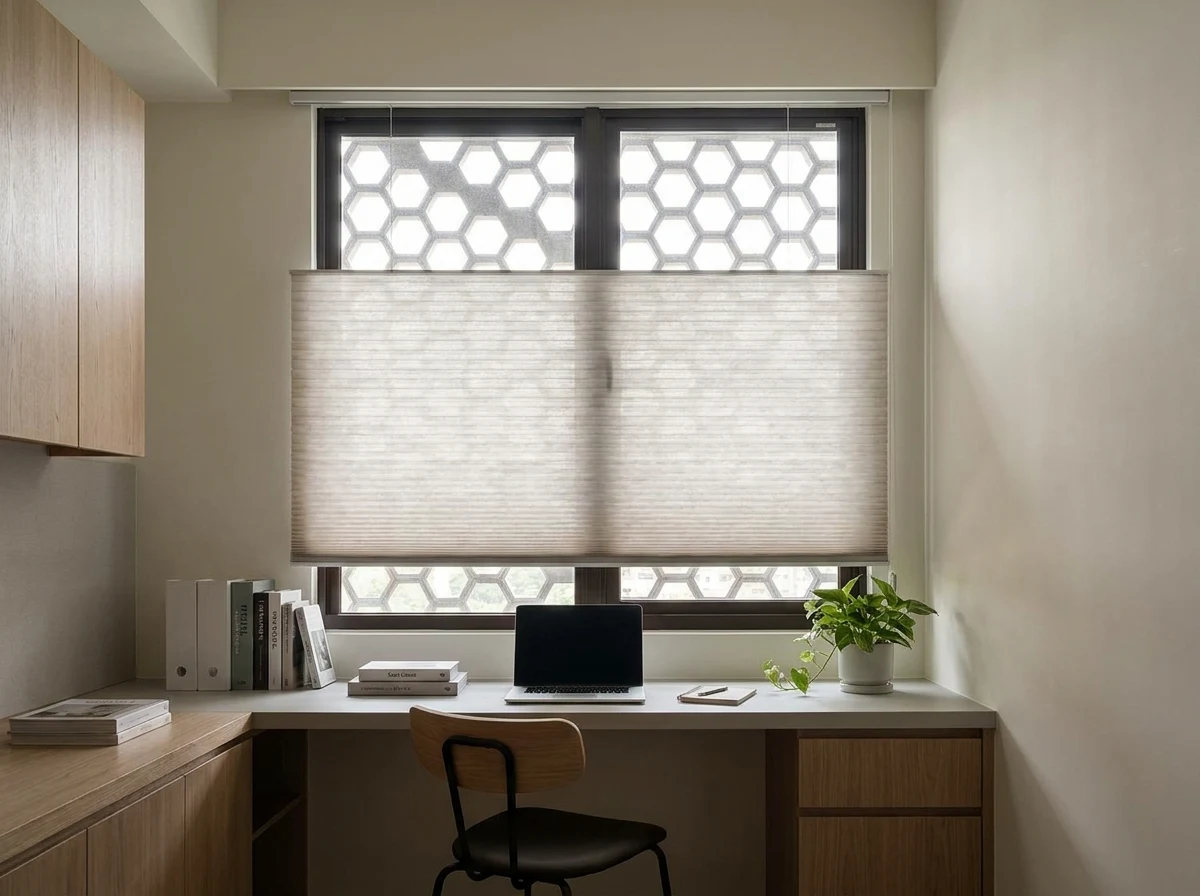 Cellular honeycomb blind raised halfway on a study window, the hexagonal cell structure visible