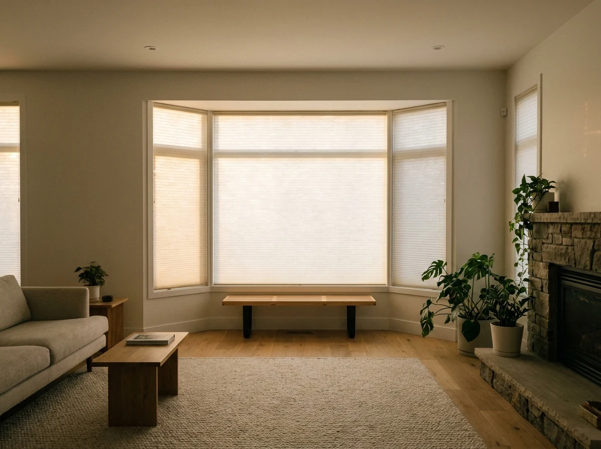 Wide shot of a cellular honeycomb blind fitted to a large bay window in an open-plan living space