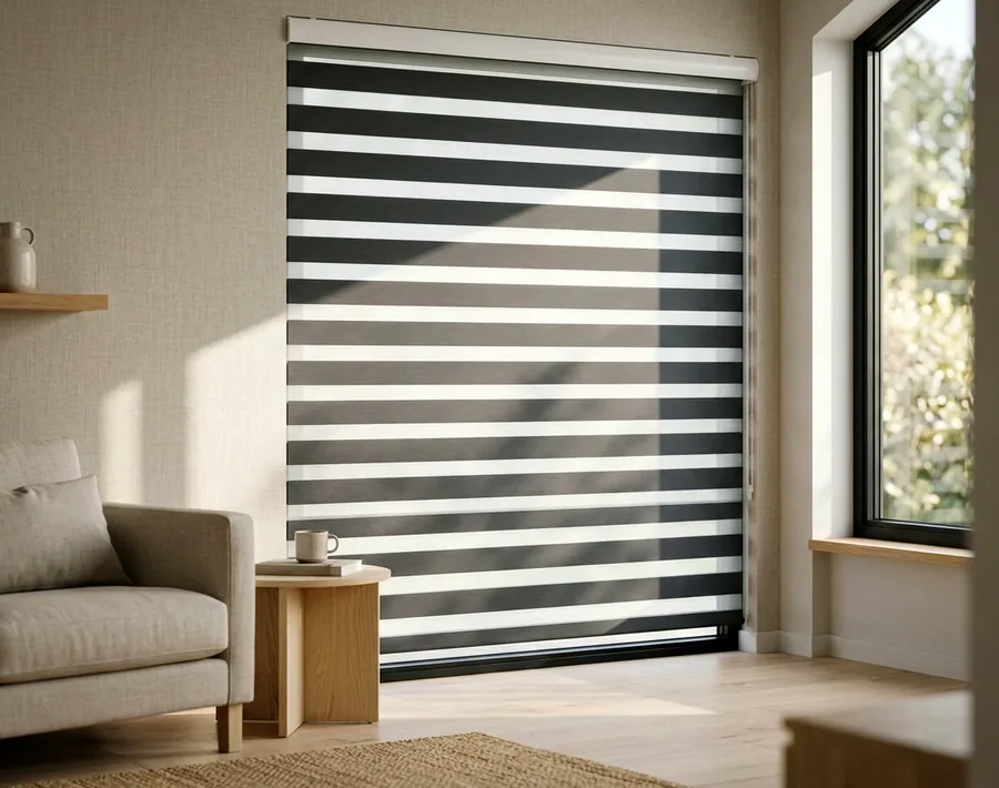 Day-night zebra blind across a large living-room window, its alternating sheer and solid bands offset for privacy