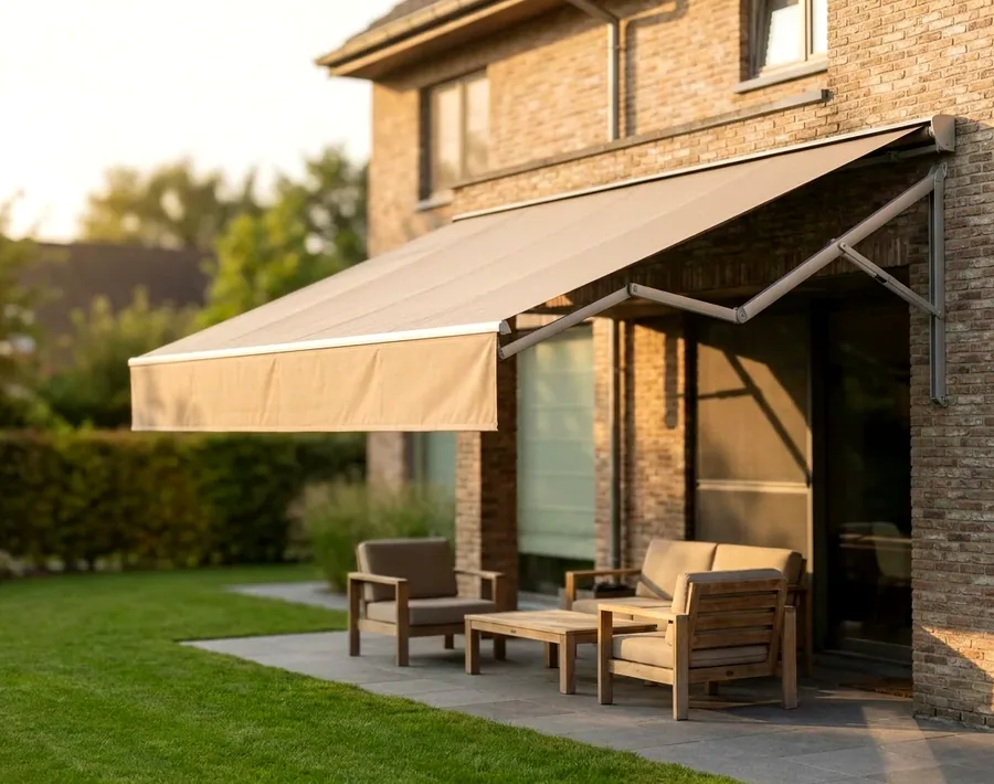 Folding-arm awning extended over a paved patio, carried on hinged arms with no posts