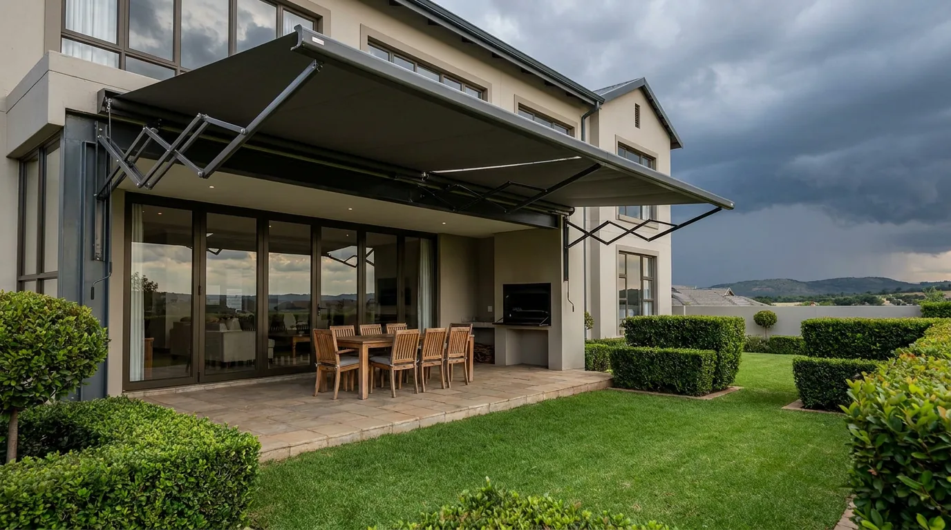 A folding-arm awning fully extended on its articulated arms with no support posts over a paved braai patio beside the glazed rear wall of a double-storey home in The Wilds, an outdoor dining table beneath it, clipped hedges and a manicured lawn, and a dark Highveld thunderstorm building on the horizon in the late afternoon