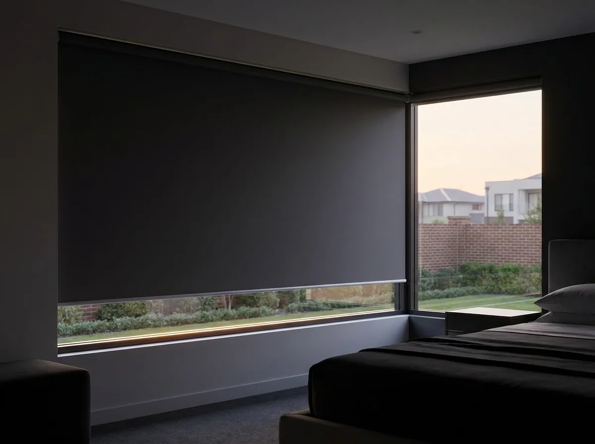 A single smooth flat blockout roller blind, one seamless opaque sheet on a tube with no folds or slats, lowered nearly fully over an east-facing bedroom window in a new-build home in The Wilds at a low sunrise, with a manicured garden and estate wall visible beneath the thin line of light where the blind stops short