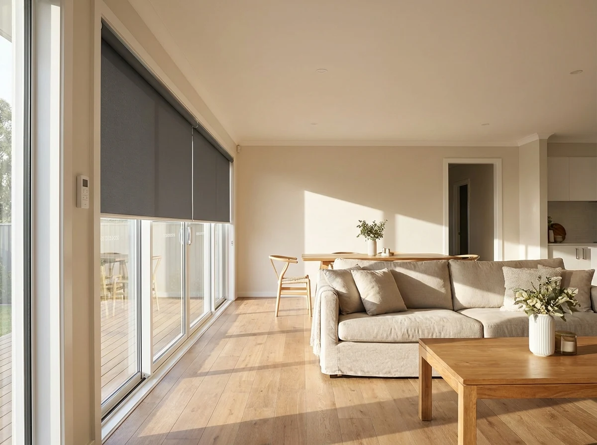 Motorised roller blind part-lowered over a floor-to-ceiling window, with a wall-mounted control panel beside the frame