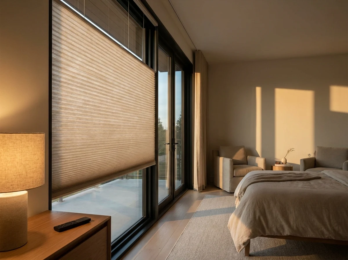 Motorised cellular honeycomb blind gliding closed over a bedroom window, remote handset resting on a nightstand