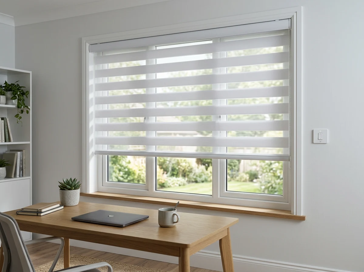 Motorised day-night zebra blind mid-adjustment across a home office window, wall switch beside the frame