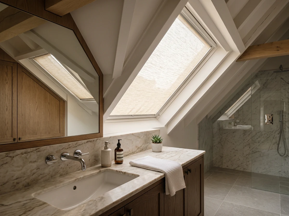 Blind fitted to a sloping skylight window above a bathroom vanity, held flat against the rake of the roof