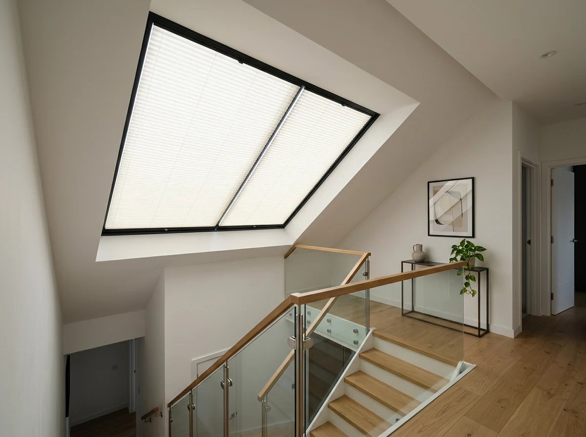 Pleated blind fitted flat against a sloped skylight window above a staircase landing, filtering bright overhead sunlight