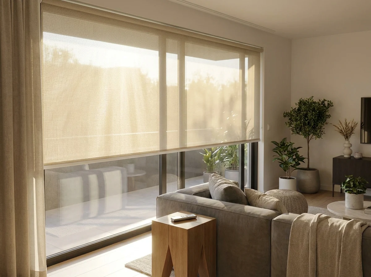 Motorised sunscreen roller blind mid-lower over a floor-to-ceiling window, remote resting on a side table