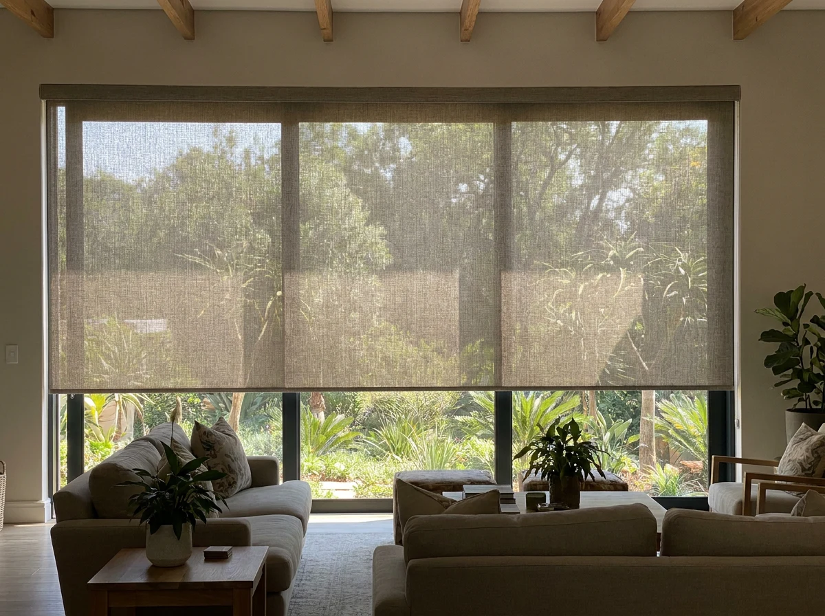 Sunscreen roller blind lowered over a Woodhill lounge window overlooking the fairway, cutting glare while the view stays visible